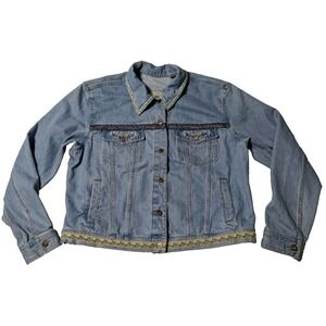 VTG LIZ CLAIBORNE Women Large FLORAL FACED HEM Embellished Denim Trucker Jacket